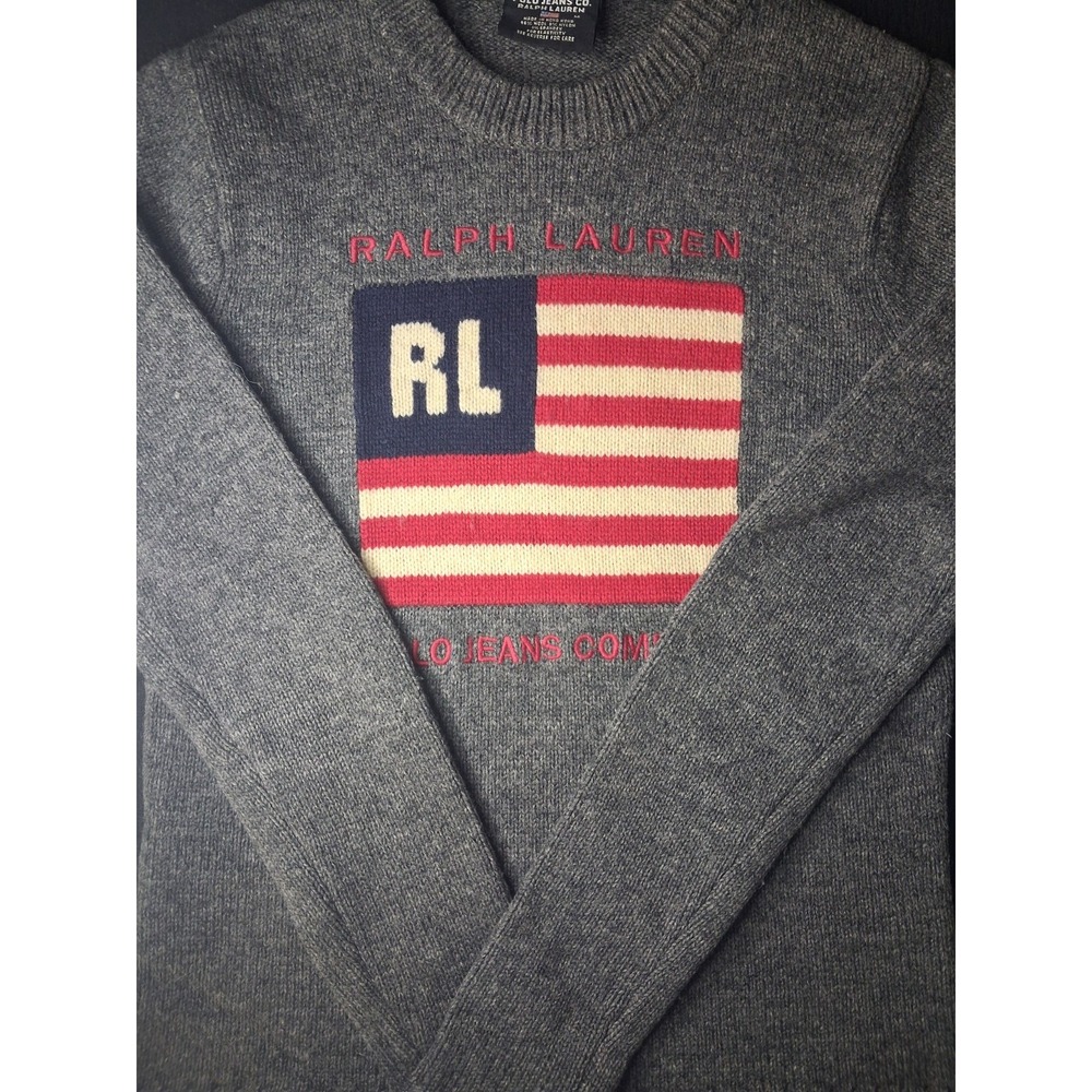 Vintage Ralph Lauren Polo Jeans Company American Flag Gray Knit Sweater Girls